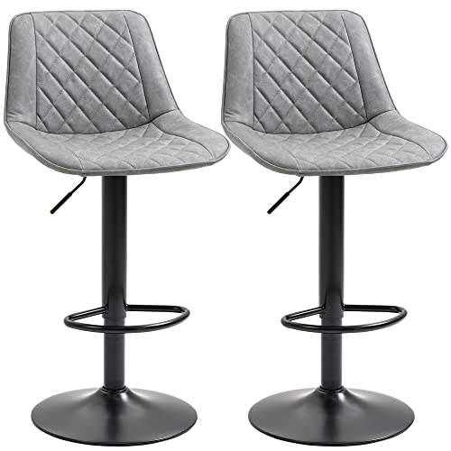 HOMCOM Juego de 2 Taburetes de Bar Giratorios, Taburetes Altos de Cocina con Altura Ajustable 86-106 cm, Sillas Altas de Cocina, Tapizada en Cuero Sintético, Respaldo y Reposapiés, Gris