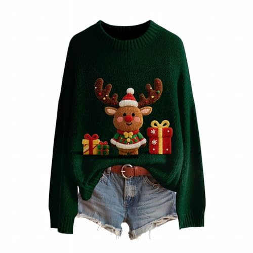 Weihnachtspullover Damen Winter Warm Christmas Sweater mit Rentier...