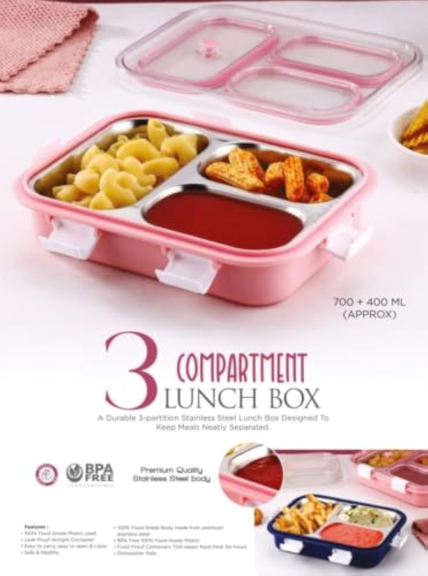 3 Compartment Stainless Steel Lunch Box, Blue & Pink