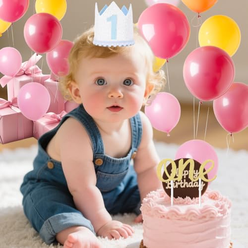 1st Birthday Decorations for Boys Girls -One Birthday Banner, Crown Hat, Cake Toppers for Baby Shower Party Decor (Blue 1) - Image 5