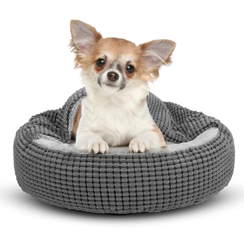 JOEJOY Round Dog Bed Calming Donut Cuddler Pet Bed for Large Medium Small Dogs, Warm Puppy Hooded Dog Cave Bed Cat Bed Medium Washable with Breathable Fluff, Fits Up To 25/30lbs Pets