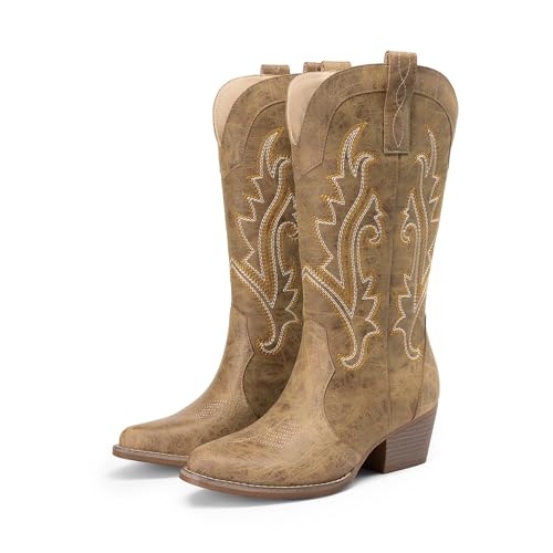 Image of DREAM PAIRS Women's Cowboy Cowgirl Western Boots | Embroidered Pointed Toe Low Heel Western Mid Calf Boots for Theme Party Country Concert