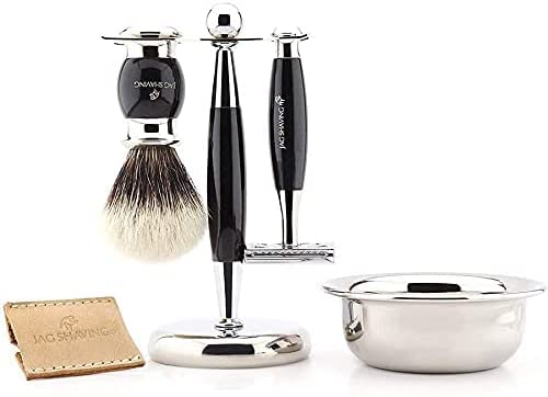Jag Shaving Podwójny zestaw do golenia z pędzelkiem do włosów borsuka ze srebrną końcówką, stojak na golarkę i szczotkę oraz miskę