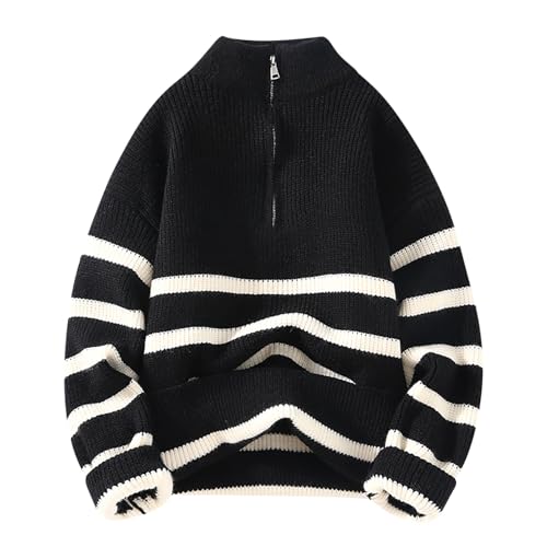 Men Pullover Sweater Quarter Zip Sweater Fall Winter Mock Neck Sweater Striped Long Sleeve Cable Knit Warm Sweaters