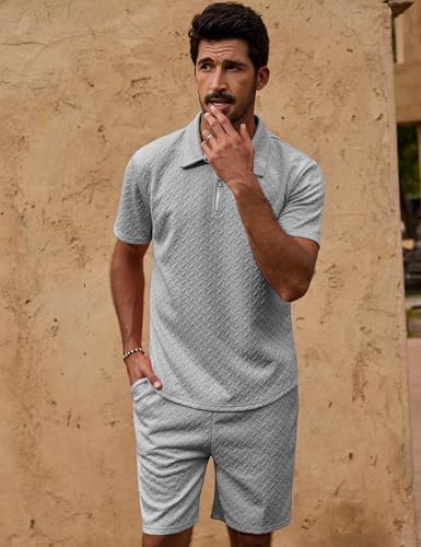 Image of URRU Mens Textured Polo Shirt and Shorts Sets Outfits 2 Piece Summer Tracksuits Casual Quarter Zip Golf Polo Shirts