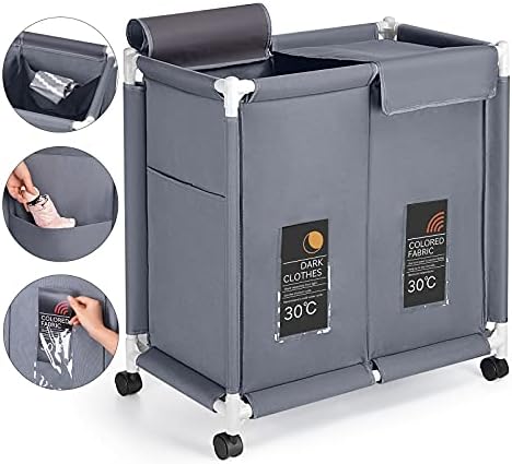 Hivexagon 2 Section Laundry Basket with Lid, Laundry Hamper, Laundry Sorter, 110L Large Oxford Clothes Laundry Sorter with Rolling Wheels, Lid and Sorting Cards for Clothes & Toys Storage Gray