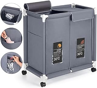 Hivexagon 2 Section Laundry Basket with Lid, Laundry Hamper, Laundry Sorter, 110L Large Oxford Clothes Laundry Sorter with Rolling Wheels, Lid and Sorting Cards for Clothes & Toys Storage Gray