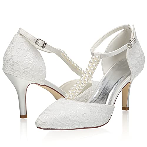 JIAJIA 16248 Women's Bridal Shoes Closed Toe T-Strap 3.14" Stiletto Heel Lace Satin Pumps Imitation Wedding Shoes4