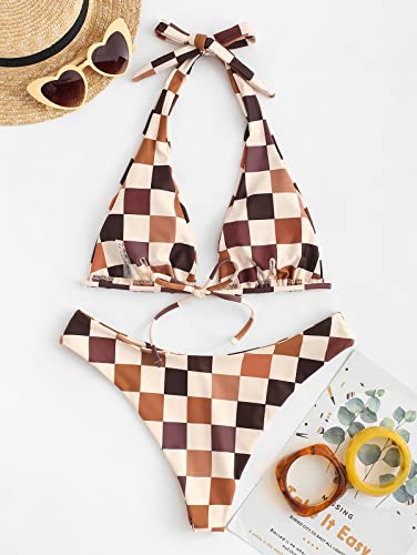 Image of ZAFUL Womens Printed Triangle Bikinis 2 Piece Halter Bikini Sets High Cut Bathing Suit Side Tie Swimsuits