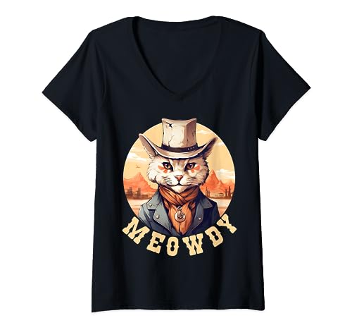 Funny Meme Meowdy Cat Cowboy Hat - Meow Howdy - Amante de los gatitos Camiseta Cuello V