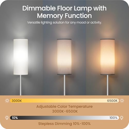 Image of Dimmable Floor Lamps for Living Room with Remote and Foot Switch, 64.4 inch Modern Standing Tall Lamp, Corner Lamp for Bedroom, Office, Bulb Included, 3000K-6500K, White and Silver, FCC Listed SCW06LD05W1