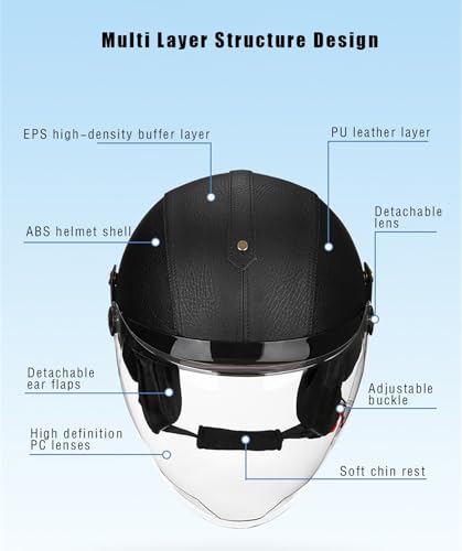 Casco abierto 3/4 de cuero PU con doble visera solar para moto 7