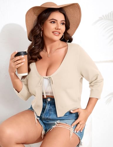 Image of ShopWonder Women's V-Neck Tie Front Shrug 3 /4 Sleeve Rib-Knit Cardigan Sweater Crop Top