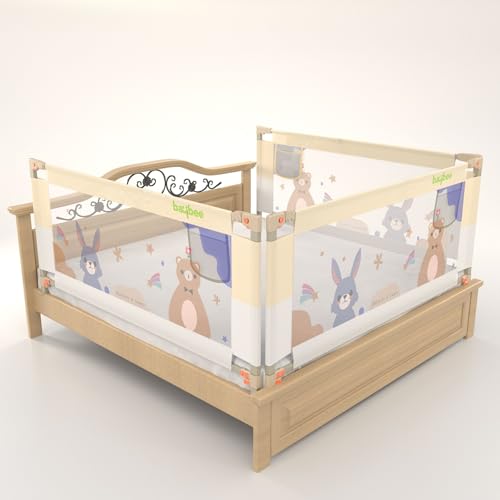 Image of BAYBEE Baby Bed Rail Guard (150x80cm), Bedrail for Baby Safety with 28 Height Adjustable, Portable Bed Side Protector for Babies Falling | Foldable Single Side Bed Railing, 3 Side, (White /Beige)