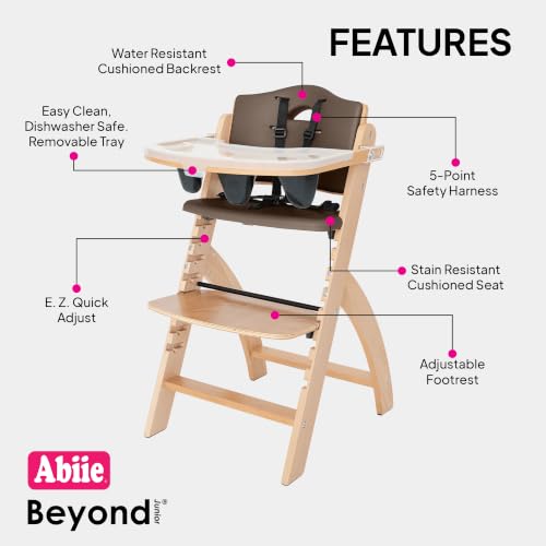 Image of Abiie Beyond Junior Wooden High Chair with Tray - Adjustable and Convertible High Chair for Babies and Toddlers - 6 Months to 250 Lb - Water Resistant - Natural Wood with Shiitake Cushion