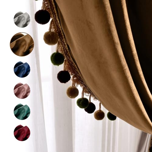 Image of Melodieux Pom Poms Velvet Blackout Curtains for Living Room Bedroom, Vintage Luxury Energy Saving Rod Pocket Thermal Insulated Lined Drapes, 52 inch W x 96 inch L, Golden Brown (2 Panels)