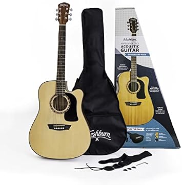 Washburn Apprentice AD5CE-Pack Dreadnought Cutaway Acoustic Guitar Kit | 6 String Right Guitars for Beginner Natural Includes Gigbag, Strap and Picks Perfect For Starter, Ready to Start Making Music
