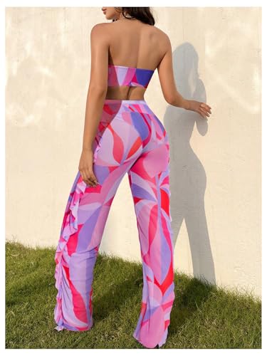 Milumia Women's 3 Piece Swimsuit Boho Geo Print Bandeau Bikini Set with Ruffle Trim Long Pants2