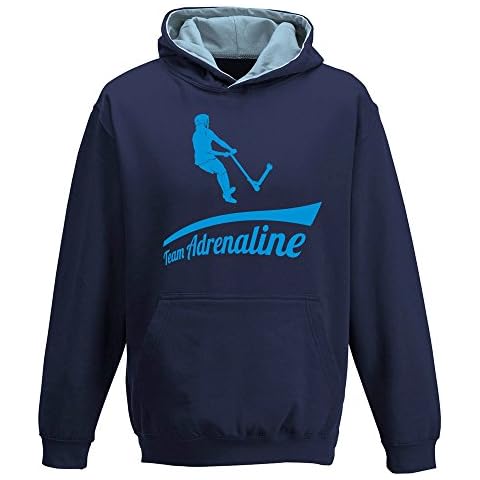 Team Adrenaline, Two-Tone Hoody, Push, Kick, Stunt Scooter, Extreme Sports, Childrens Kids Boys Girls Hoodie, Navy Blue - Sky Blue, 12-13 Cover