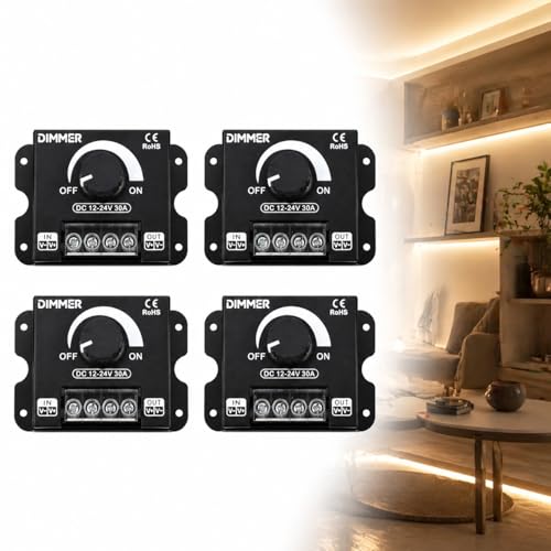 Ściemniacz LED PWM 12V/24V DC 30A z włącznikiem/wyłącznikiem i metalową obudową do monochromatycznych taśm świetlnych 5050, 3528, 5630 - precyzyjna regulacja jasności, 4 sztuki