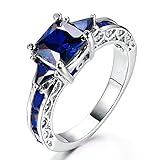 Psiroy 925 Sterling Silver Plated Princess Cut Simulated Blue Sapphire 3 Stone Promise Ring Size 9