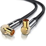 Anschluss: IEC-Winkelbuchse 90° (female) / IEC-Winkelstecker 90° (male) | Aufbau: koaxial | Wellenwiderstand: 75 Ohm (Ω) | Außendurchmesser mit Stoffummantelung:7,4 +/-0,2 mm | Kabelmantelstärke: 0,9 mm | Dielektrikum: 4,6 mmØ | Innenleiter: 1 mm Ø OFC (Oxygen Free Copper = Kupfer, das keinen Sauerstoff gebunden hat und auch sonst keine Verunreinigungen aufweist)