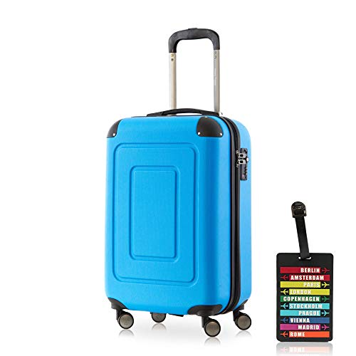 Preisvergleich Produktbild Happy Trolley - Lugano Handgepäck Kabinentrolley Bordgepäck Hartschalen-Koffer Trolley Reisekoffer, sehr leicht, TSA, 55 cm, 40L, Cyan Blau + Design Kofferanhänger