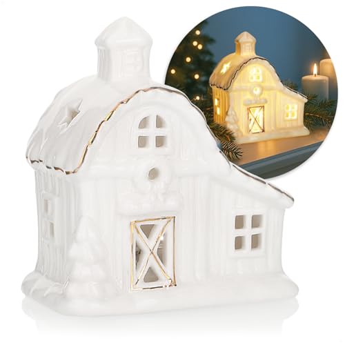 COM-FOUR® Casa LED de Porcelana - casa de luz Que Funciona con Pilas - casa de luz Decorativa Blanca Brillante para decoración navideña e Invernal (Casa - 11cm)