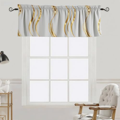 MYRU Modern Window Valance with Wave Pattern, Rod Pocket Striped Curtain(Light Gray and Gold,54" W x 18" L (Pack of 1))