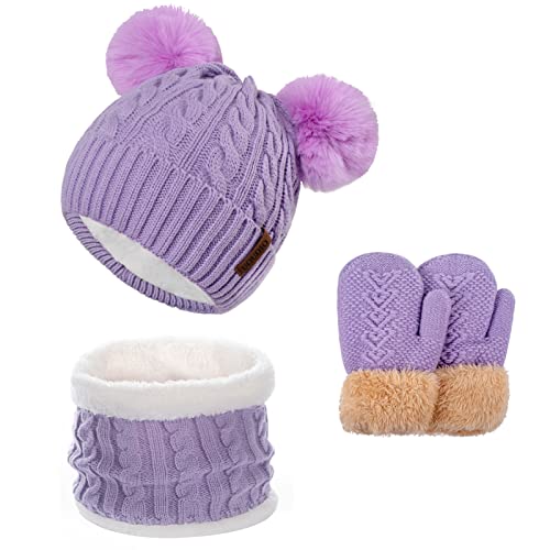 Kids Winter Hats Gloves Scarf Set for Girls Toddler Beanie Neck Warmer Thick Fleece Lining Cap