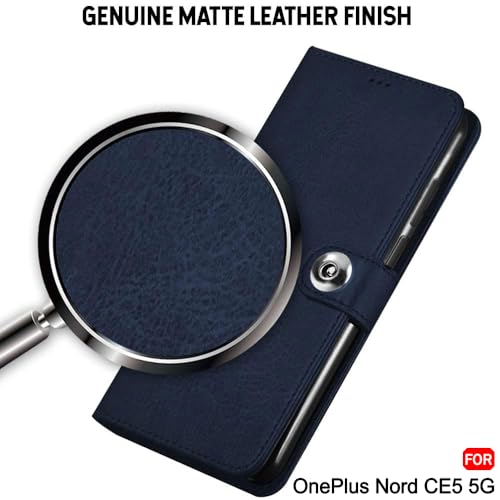Image of TheGiftKart Genuine Leather Finish Flip Back Cover Case for OnePlus Nord CE 5 5G | Inbuilt Pockets & Stand | Wallet Style | Designer Button | Flip Back Cover for OnePlus Nord CE5 (Faux Leather, Blue)