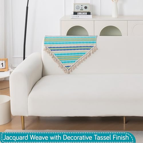 Image of HOKIPO 'Artisan Boho Series' Sofa Backrest Cover with Tassel | 450 GSM Thick Cotton Acrylic Jacquard Fabric Backrest Mat, Size 55x80 cm, Aqua Blue (IN-900-A4)