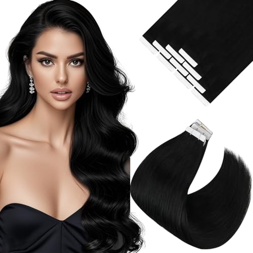 Image of Ve Sunny Hair Tape in Extensions Jet Black | Tape Hair,18Inch 25g 10Pcs,Adhesive Skin Weft,for Everyday Casual