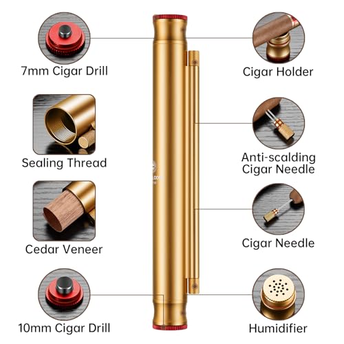 CIGARLOONG Tube à cigares 5 en 1 avec poinçon à cigares double taille, porte-cigare, support à cigares et rehausseur de tirage de cigare, tube d'humidification portable multifonction en alliage pour – vue 2