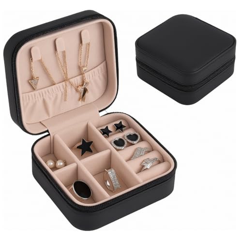 Porta Joias Pequeno Couro Mini Estojo Organizador de Joias Bijuterias Colar Pulseira Relógio Ideal para Viagens e Organização de Armário Portátil (Preto)