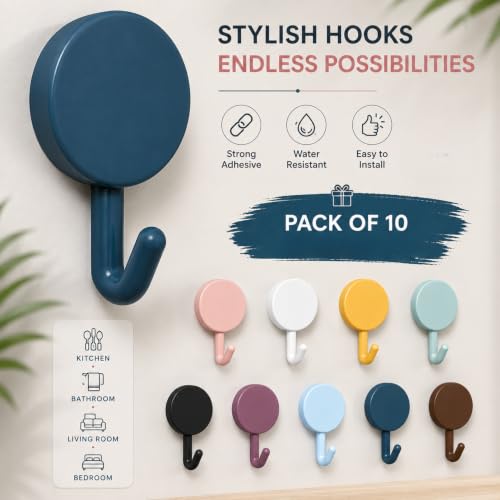Image of KONVIO NEER Round Self Adhesive Wall Hooks - 10 Pack Multicolor Wall Hanging Hooks, Cute Plastic Key Holder Hooks Without Drilling for Keys, Towels, Kitchen, Bathroom, Kids Room & Home Organization