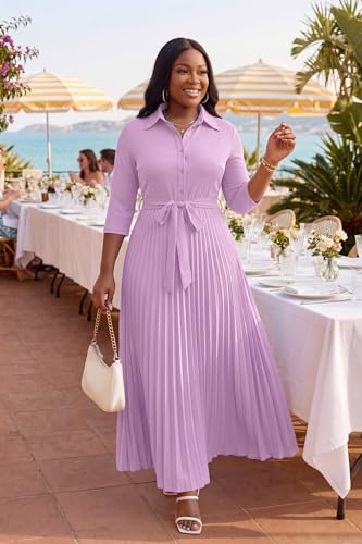 Image of Runwind Maxi Dresses for Women, 3 /4 Sleeve Botton Down Pleated Long Dress with Belt Casual Church Dress with Pockets