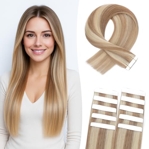 MY-LADY Extension Capelli Veri Biadesivo 10pz Marrone dorato&biondo 35 cm Extension Biadesive Capelli Veri Umani Lisci Tape In Hair Extensions Invisibile Corti (15g, 1.5g/pz, #12P613)