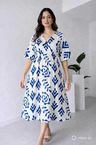 Image of Women Printed Midi Dress V-Neck Short Sleevless Maroon Pattern A-Line Dress