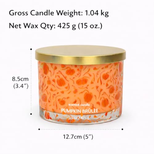 Image of Pumpkin Brulee 3-Wick Scented Large Glass Jar Candle with Golden Metal Lid | Reusable Printed Jar, 5 x 3.4 inch | 34 Hour Burn Time, 15 oz (425 g) | Home Decor & Gifting