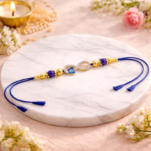 Image of JAIPUR ACE Elegant Infinity Rakhi Bracelet with Evil Eye Charm Premium Blue Thread Raksha Bandhan Rakhi for Brother, Gold Beads Designer Rakhi with Protective & Modern Stylish Look (Infinity Rakhi)