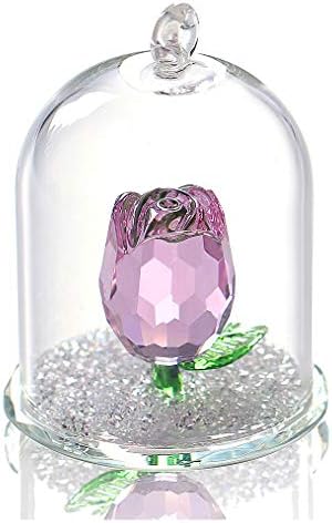 H&D Crystal Enchanted Rose Flower Figurine Dreams Ornament in a Glass Dome Gifts for her (Pink)
