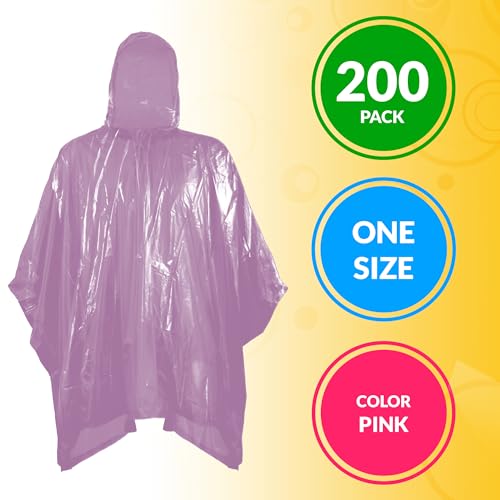 Image of ABC PACK & SUPPLY Disposable Rain Ponchos for Adults, Pink Hooded Rain Poncho, One Size, Polyethylene 0.02mm, Individually Wrapped, Bulk Pack of 200