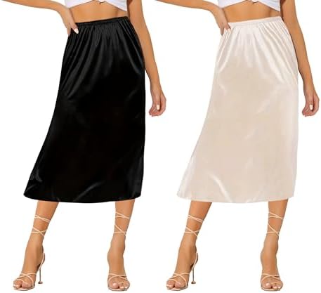 Ellames Women's 2 Pieces Half Slips for Under Dresses Satin Long ...