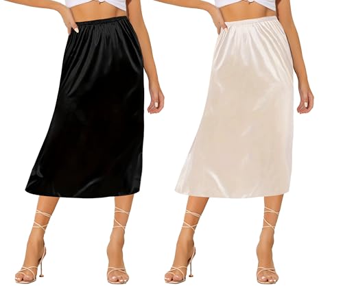 Ellames Women's 2 Pieces Half Slips for Under Dresses Satin Long Underskirt Half Slip Shirt Skirt Extender Black & Nude 27' Small