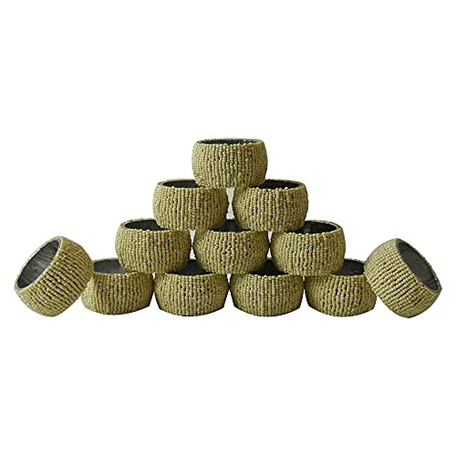 Ajuny Servilletero – Servilleteros decorativos redondos hechos a mano con cuentas para decoración de mesa de comedor, boda, fiesta, cena, juego de 12, color blanco roto