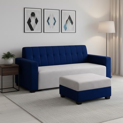 Image of FURNY Luxora 2 Seater Fabric Sofa Set with 1 Ottoman (Dark Blue-Light Grey) with Velvet Finish | Durable Comfort | Ideal for Living Room. | Breathable material