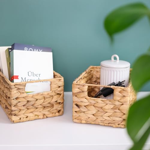 HMF Aufbewahrungskorb geflochten aus Wasserhyazinthe, dekorativer Korb mit Tragegriffen zur Aufbewahrung für Badezimmer Küche und Wohnbereich | 2er Set | Größe S | 22 x 17 x 12 cm | Natur