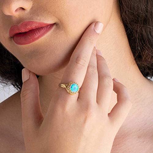 14K Gold Plated Over 925 Sterling Silver Blue Opal Ring - Vintage Style October Libra Birthstone Blue Gemstone Sizable Ring - Classic Handmade Jewelry Gift For Her - Adjustable Dainty Promise Ring #TOP2