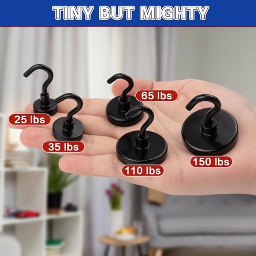 Image of 6 Pack 170lbs Strong Magnetic Hooks, Magnet Hooks Heavy Duty | Black Magnetic Hooks for Cruise Cabins, Magnet with Hooks, Metal Magnetic Hook for Hanging, Refrigerator, Garage, Outdoor